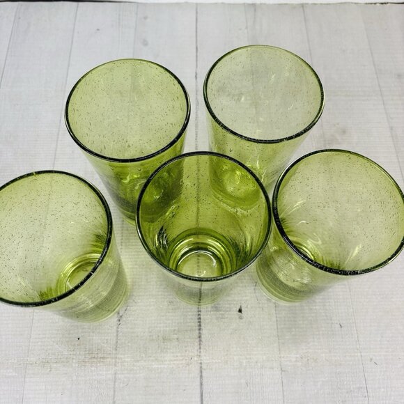 Hand-Blown Weighted Base Flared Artisan Mexico Lime Green Glass Tumbler Set of 5 - Picture 8 of 16